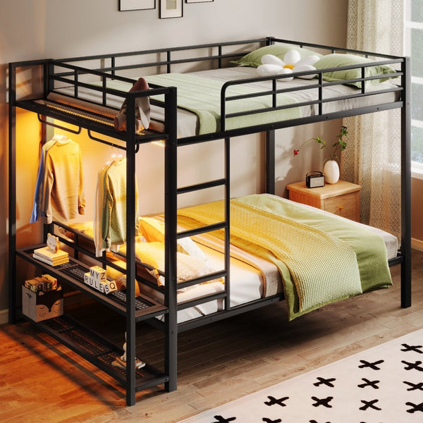 English Elm Queen Over Metal Bunk Bed with Led Lighting Mesh Shelves and Storage Hooks N7090000668B