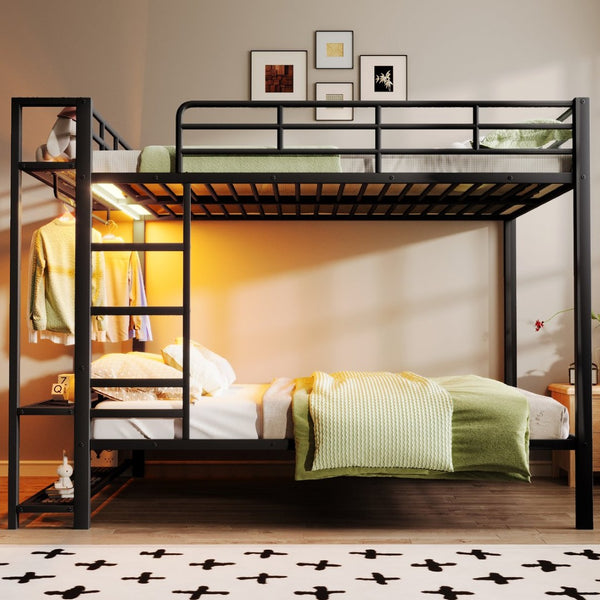 English Elm Queen Over Metal Bunk Bed with Led Lighting Mesh Shelves and Storage Hooks N7090000668B