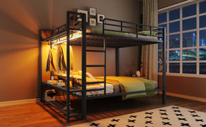 English Elm Queen Over Metal Bunk Bed with Led Lighting Mesh Shelves and Storage Hooks N7090000668B