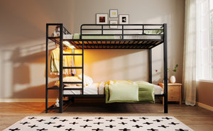 English Elm Queen Over Metal Bunk Bed with Led Lighting Mesh Shelves and Storage Hooks N7090000668B