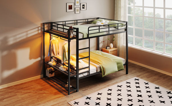 English Elm Queen Over Metal Bunk Bed with Led Lighting Mesh Shelves and Storage Hooks N7090000668B