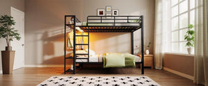 English Elm Queen Over Metal Bunk Bed with Led Lighting Mesh Shelves and Storage Hooks N7090000668B