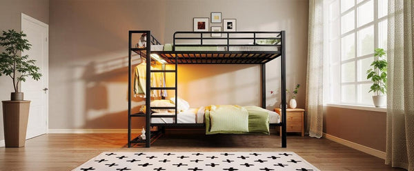 English Elm Queen Over Metal Bunk Bed with Led Lighting Mesh Shelves and Storage Hooks N7090000668B