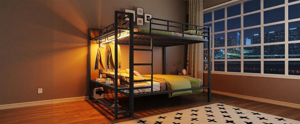 English Elm Queen Over Metal Bunk Bed with Led Lighting Mesh Shelves and Storage Hooks N7090000668B
