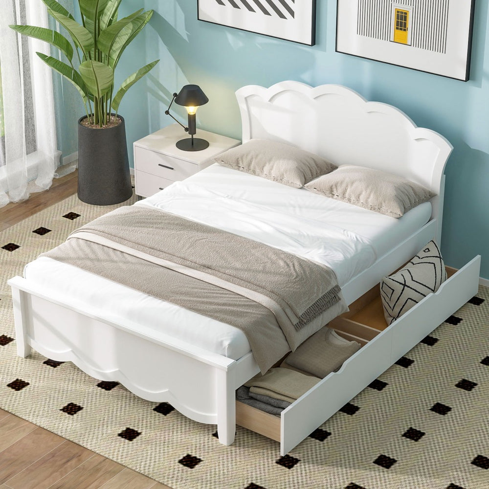 English Elm Full Pine Wood Storage Platform Bed White Finish Contoured Headboard Two Drawers N7090000741K