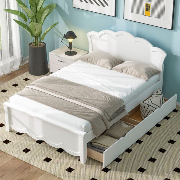 English Elm Full Pine Wood Storage Platform Bed White Finish Contoured Headboard Two Drawers N7090000741K