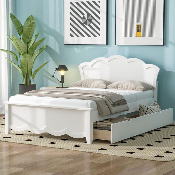 English Elm Full Pine Wood Storage Platform Bed White Finish Contoured Headboard Two Drawers N7090000741K