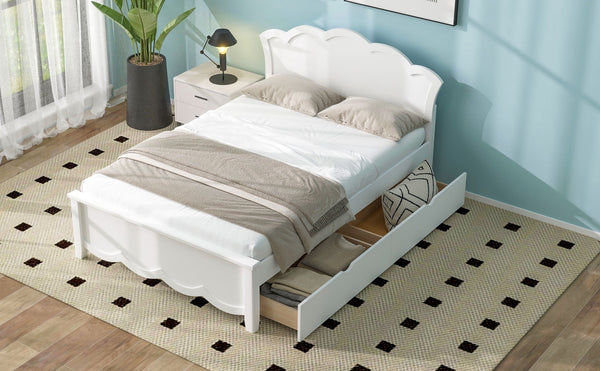English Elm Full Pine Wood Storage Platform Bed White Finish Contoured Headboard Two Drawers N7090000741K