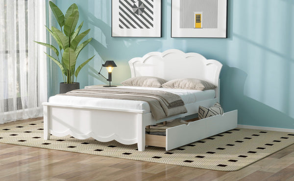 English Elm Full Pine Wood Storage Platform Bed White Finish Contoured Headboard Two Drawers N7090000741K