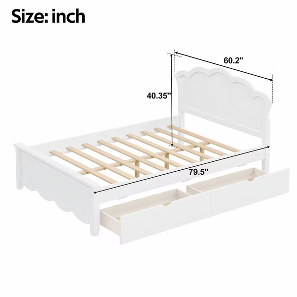 English Elm Full Pine Wood Storage Platform Bed White Finish Contoured Headboard Two Drawers N7090000741K
