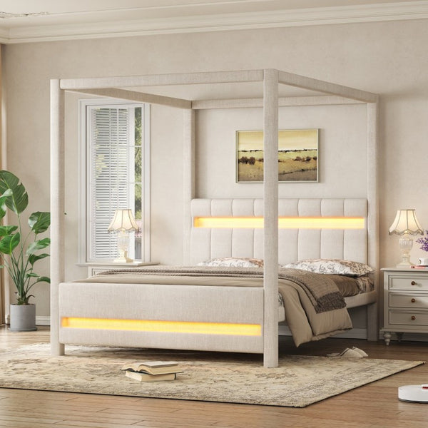 English Elm Queen Bouclé Channel Tufted Platform Bed with Rubberwood Base for Minimalist Bedrooms Beige Wood+Fabric N7090001830A