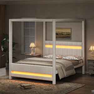 English Elm Queen Bouclé Channel Tufted Platform Bed with Rubberwood Base for Minimalist Bedrooms Beige Wood+Fabric N7090001830A