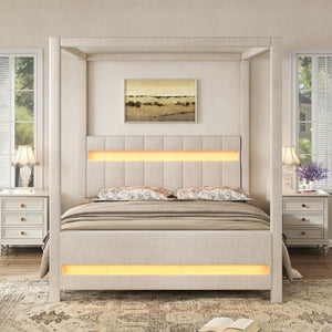 English Elm Queen Bouclé Channel Tufted Platform Bed with Rubberwood Base for Minimalist Bedrooms Beige Wood+Fabric N7090001830A