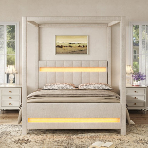 English Elm Queen Bouclé Channel Tufted Platform Bed with Rubberwood Base for Minimalist Bedrooms Beige Wood+Fabric N7090001830A