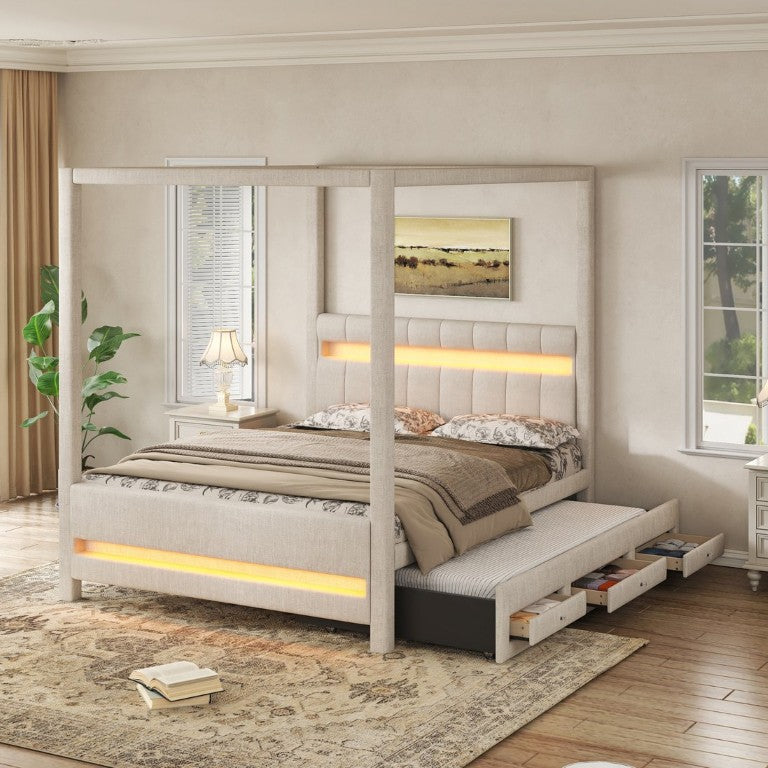 English Elm Queen Upholstered Canopy Platform Bed with LED Lights Trundle and Storage Drawers Beige N7090001831A