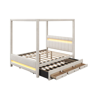 English Elm Queen Upholstered Canopy Platform Bed with LED Lights Trundle and Storage Drawers Beige N7090001831A