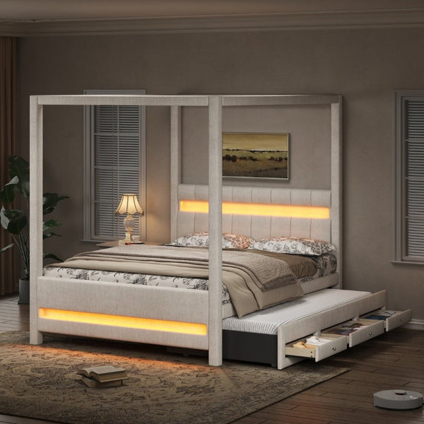English Elm Queen Upholstered Canopy Platform Bed with LED Lights Trundle and Storage Drawers Beige N7090001831A