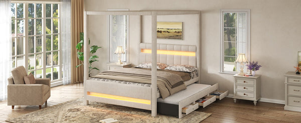 English Elm Queen Upholstered Canopy Platform Bed with LED Lights Trundle and Storage Drawers Beige N7090001831A