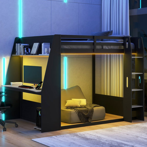 English Elm Full Size Gaming Bunk Bed with Built-In Desk LED Lighting and USB Charging Port Black - B N7090002228E-1