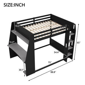 English Elm Full Size Gaming Bunk Bed with Built-In Desk LED Lighting and USB Charging Port Black - B N7090002228E-1