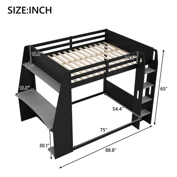 English Elm Full Size Gaming Bunk Bed with Built-In Desk LED Lighting and USB Charging Port Black - B N7090002228E-1
