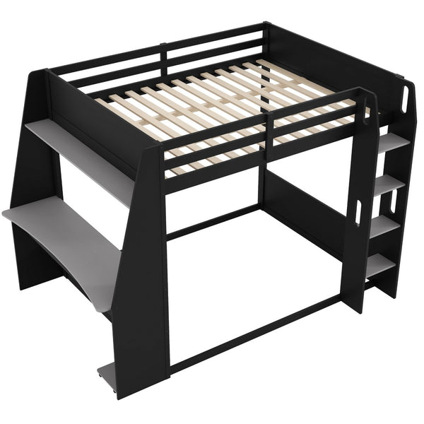 English Elm Full Size Gaming Bunk Bed with Built-In Desk LED Lighting and USB Charging Port Black - B N7090002228E-1