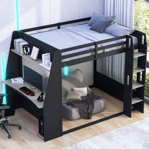 English Elm Full Size Gaming Bunk Bed with Built-In Desk LED Lighting and USB Charging Port Black - B N7090002228E-1