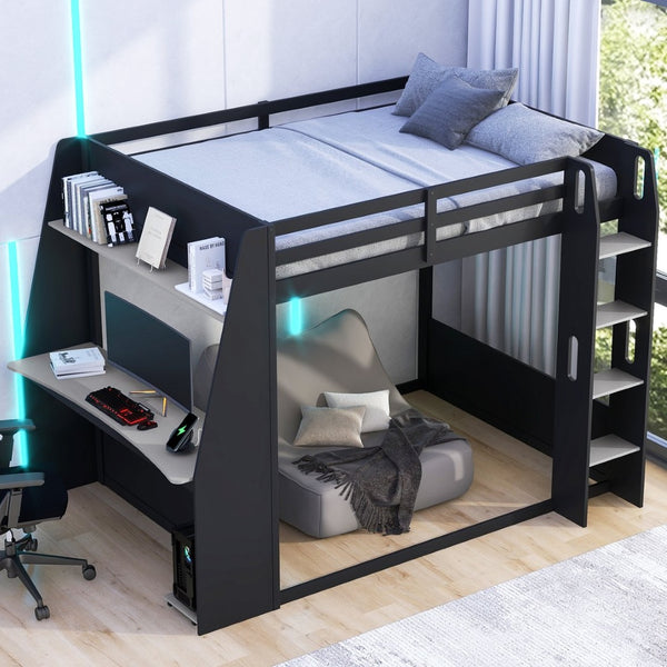 English Elm Full Size Gaming Bunk Bed with Built-In Desk LED Lighting and USB Charging Port Black - B N7090002228E-1