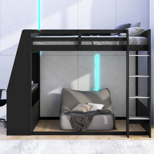 English Elm Full Size Gaming Bunk Bed with Built-In Desk LED Lighting and USB Charging Port Black - B N7090002228E-1