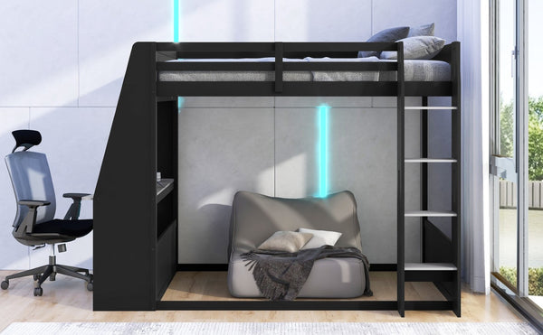 English Elm Full Size Gaming Bunk Bed with Built-In Desk LED Lighting and USB Charging Port Black - B N7090002228E-1