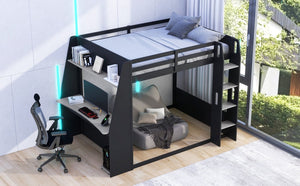 English Elm Full Size Gaming Bunk Bed with Built-In Desk LED Lighting and USB Charging Port Black - B N7090002228E-1