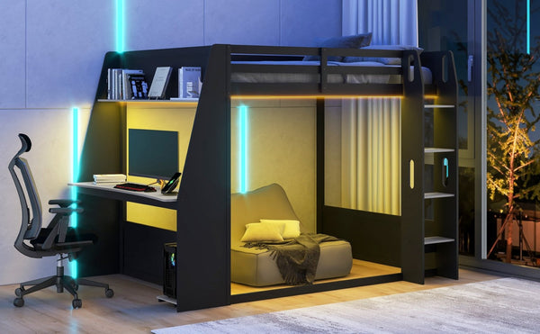 English Elm Full Size Gaming Bunk Bed with Built-In Desk LED Lighting and USB Charging Port Black - B N7090002228E-1