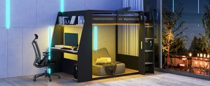 English Elm Full Size Gaming Bunk Bed with Built-In Desk LED Lighting and USB Charging Port Black - B N7090002228E-1