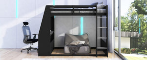 English Elm Full Size Gaming Bunk Bed with Built-In Desk LED Lighting and USB Charging Port Black - B N7090002228E-1