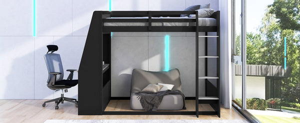 English Elm Full Size Gaming Bunk Bed with Built-In Desk LED Lighting and USB Charging Port Black - B N7090002228E-1