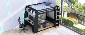 English Elm Full Size Gaming Bunk Bed with Built-In Desk LED Lighting and USB Charging Port Black - B N7090002228E-1