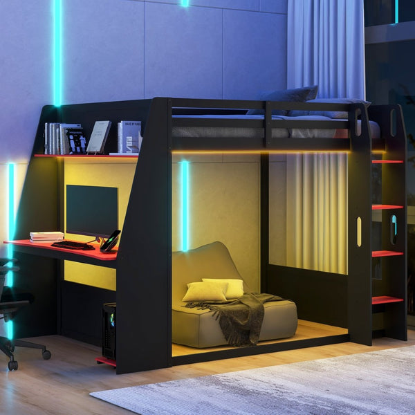 English Elm Full Size Gaming Bunk Bed with Built-In Desk LED Lighting and USB Charging Port Black - A N7090002228J-1