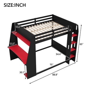 English Elm Full Size Gaming Bunk Bed with Built-In Desk LED Lighting and USB Charging Port Black - A N7090002228J-1