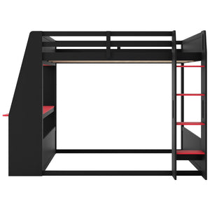 English Elm Full Size Gaming Bunk Bed with Built-In Desk LED Lighting and USB Charging Port Black - A N7090002228J-1