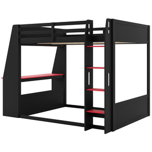 English Elm Full Size Gaming Bunk Bed with Built-In Desk LED Lighting and USB Charging Port Black - A N7090002228J-1