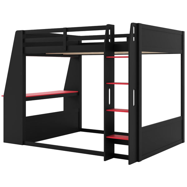 English Elm Full Size Gaming Bunk Bed with Built-In Desk LED Lighting and USB Charging Port Black - A N7090002228J-1