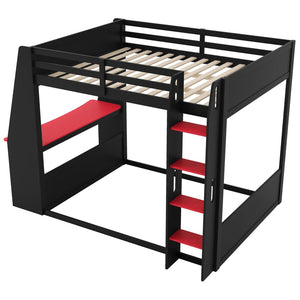 English Elm Full Size Gaming Bunk Bed with Built-In Desk LED Lighting and USB Charging Port Black - A N7090002228J-1