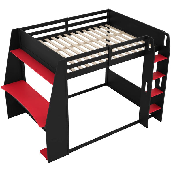 English Elm Full Size Gaming Bunk Bed with Built-In Desk LED Lighting and USB Charging Port Black - A N7090002228J-1