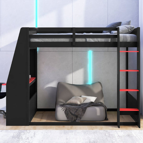 English Elm Full Size Gaming Bunk Bed with Built-In Desk LED Lighting and USB Charging Port Black - A N7090002228J-1