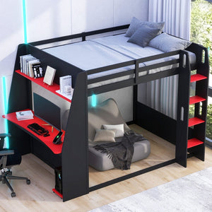 English Elm Full Size Gaming Bunk Bed with Built-In Desk LED Lighting and USB Charging Port Black - A N7090002228J-1