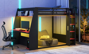 English Elm Full Size Gaming Bunk Bed with Built-In Desk LED Lighting and USB Charging Port Black - A N7090002228J-1