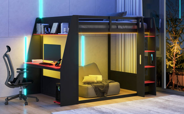 English Elm Full Size Gaming Bunk Bed with Built-In Desk LED Lighting and USB Charging Port Black - A N7090002228J-1