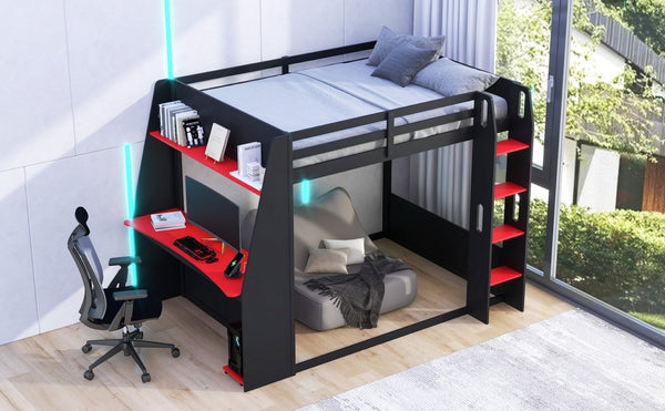 English Elm Full Size Gaming Bunk Bed with Built-In Desk LED Lighting and USB Charging Port Black - A N7090002228J-1