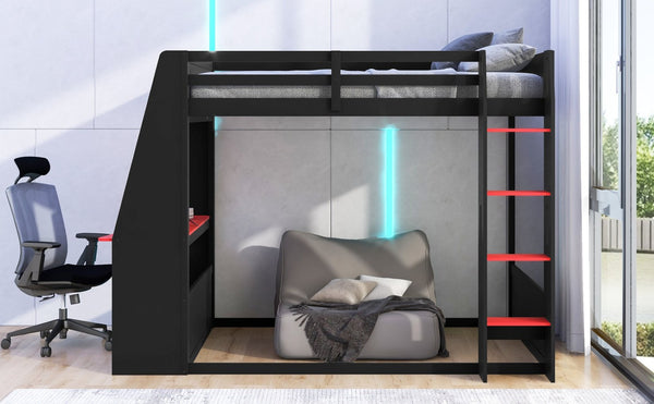 English Elm Full Size Gaming Bunk Bed with Built-In Desk LED Lighting and USB Charging Port Black - A N7090002228J-1
