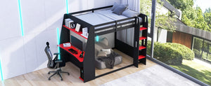 English Elm Full Size Gaming Bunk Bed with Built-In Desk LED Lighting and USB Charging Port Black - A N7090002228J-1